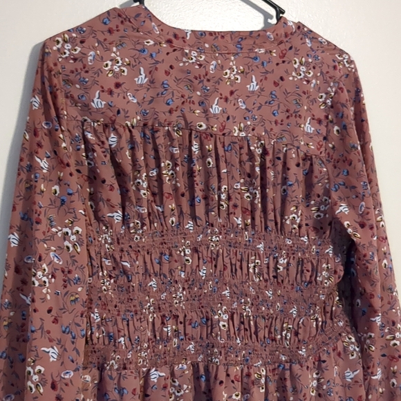 Suzanne Betro High Low Floral Mauve Dusty Rose Tunic Smocked Mini Dress Medium - Picture 7 of 7